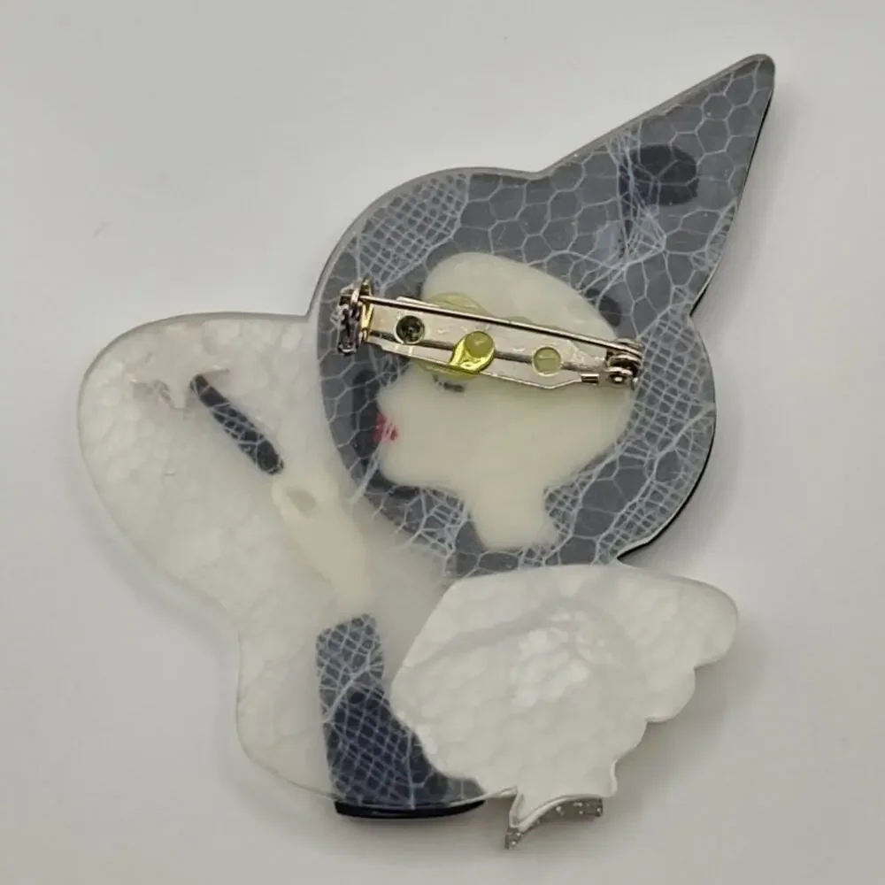 Black Hat Witch Layered Acrylic Brooch Cat and Wand Halloween Witchy